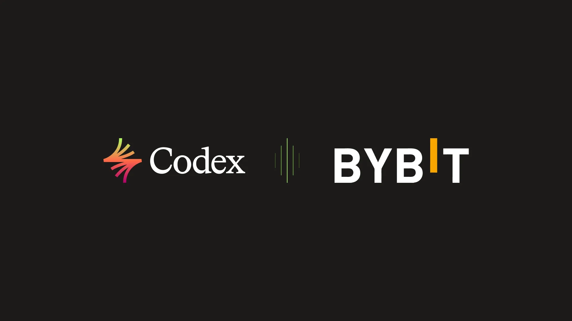 Partnership lockup: the Codex and Bybit wordmarks separated by a vertical signal divider on warm black