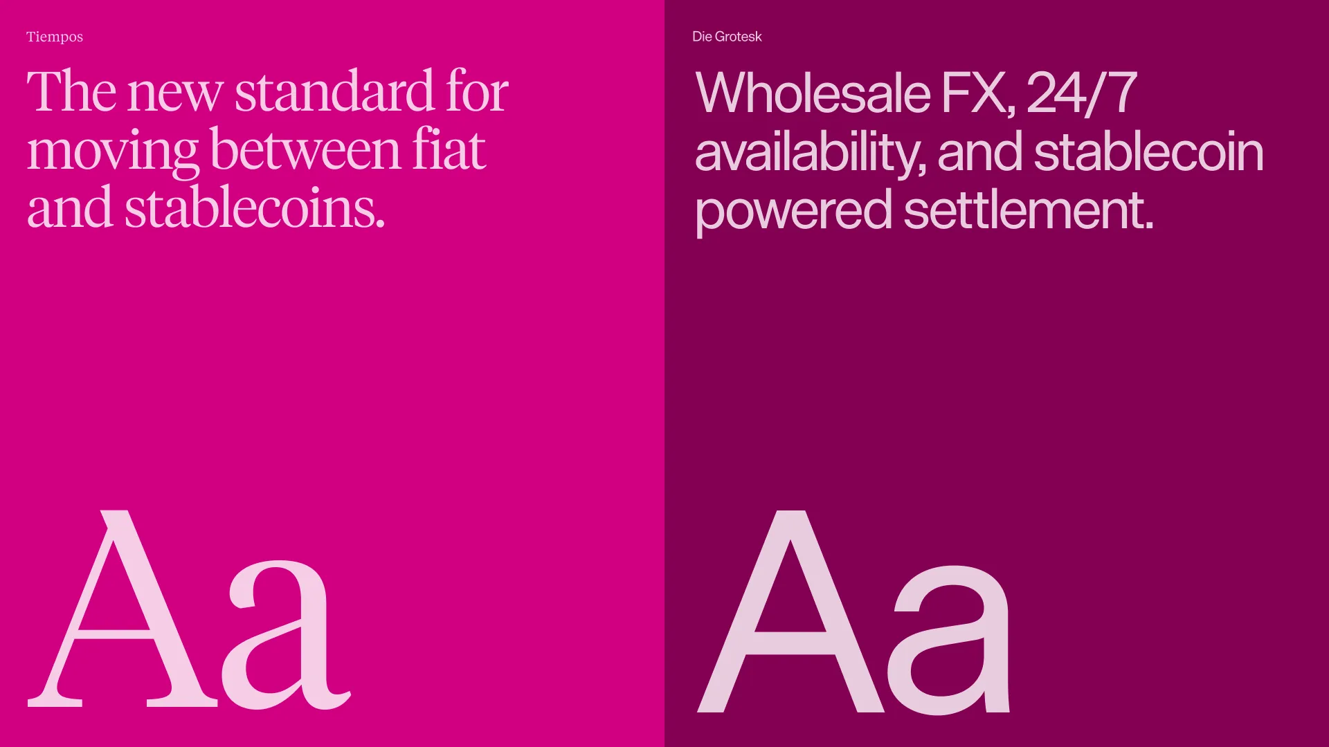 Tiempos and Die Grotesk paired: a serif headline on Cerise beside a sans-serif headline on Pompadour