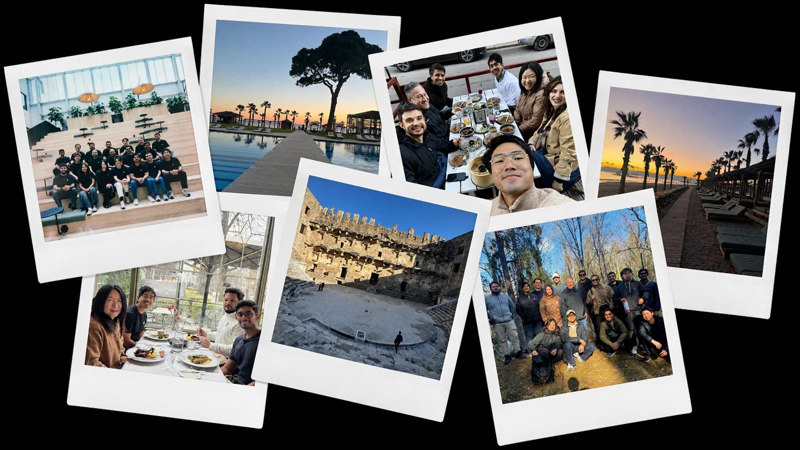 Polaroid photos of the Codex team at offsites — group shots, dinners, and places worth going