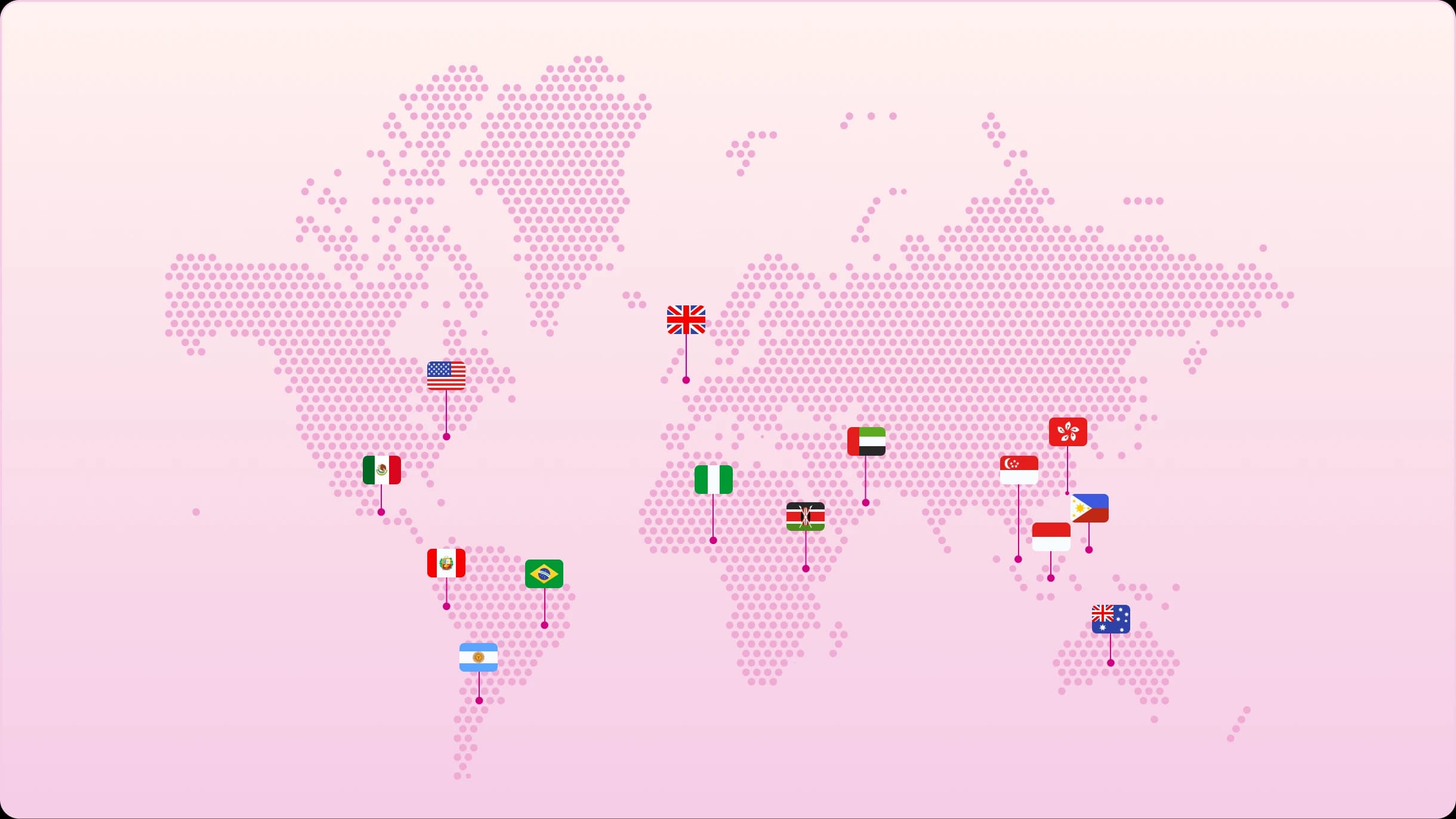 Dotted world map with country flag pins across the Americas, Europe, Africa, the Middle East, and Asia-Pacific